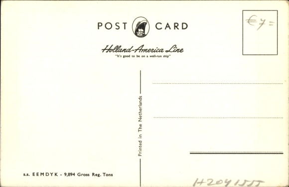 Postcard steamship SS Eemdyk, Holland-America Line, HAL