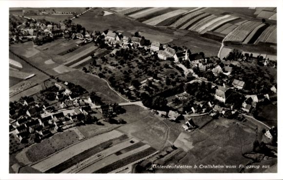 Postcard Unterdeufstetten Fichtenau in Württemberg, aerial photograph of Unterdeufstetten, fields and structures