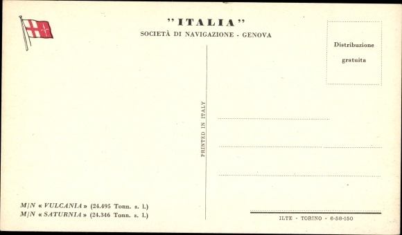 Postcard Italian Line, MN Vulcania, MN Saturnia, steamboat