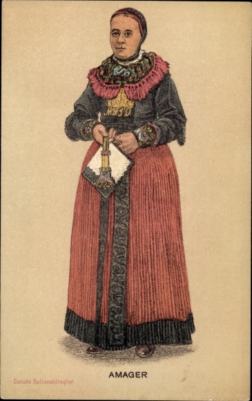 Postcard Amager Denmark, woman in Danish costume, portrait