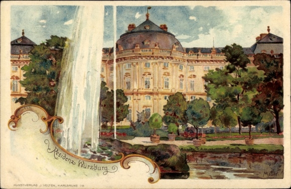 Artist Chromo-Litho mother, K., Würzburg am Main, Lower Franconia, residence, fountain