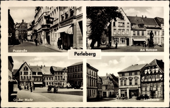 Postcard Perleberg, Poststraße, Rathaus, Großer Markt, Schuhmarkt