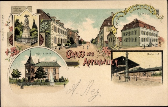 Chromo-Litho Appenweier in Baden Black Forest, train station, track side, town hall, Villa Siebert, war memorial
