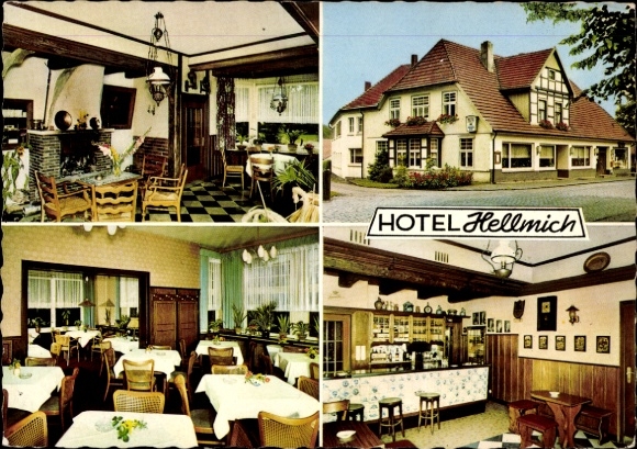 Ak Malgarten Bramsche in Niedersachsen, Hotel Hellmich, Fachwerkhaus, Gastraum