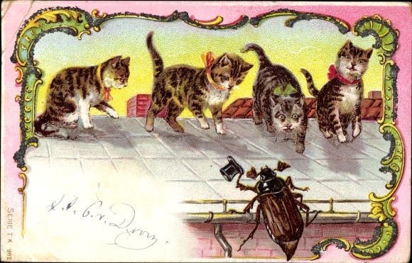 Glitter Chromo-Litho Cats are watching a cockchafer with a top hat