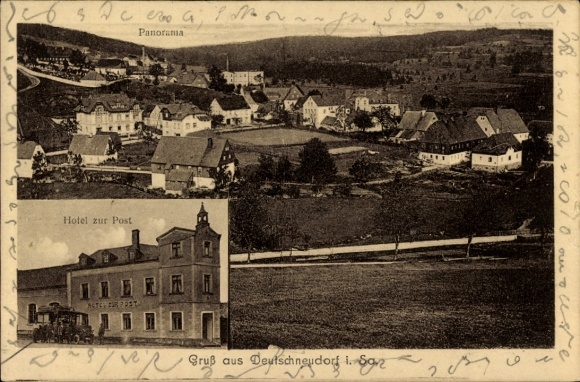 Ak Deutschneudorf in het Erzgebirge, algemeen beeld, Hotel zur Post
