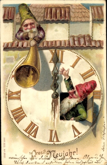 Chromo-Litho Happy New Year, dwarves, clock