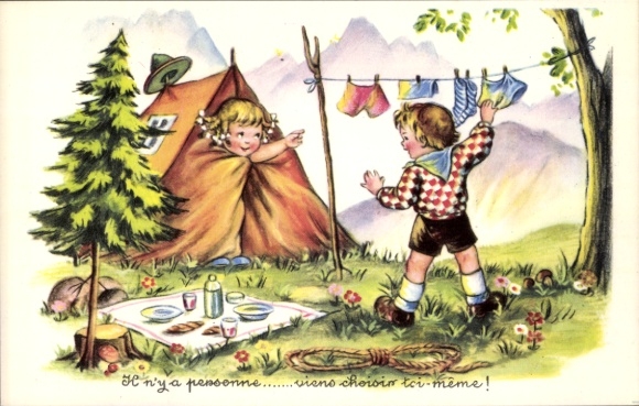 Postcard Children camping, laundry, underwear, picnic