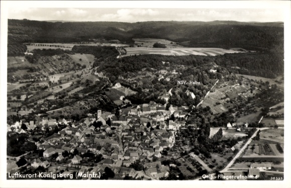 Postcard Königsberg in Bavaria Lower Franconia, climatic health resort Königsberg, aerial photograph, NSV-Holm