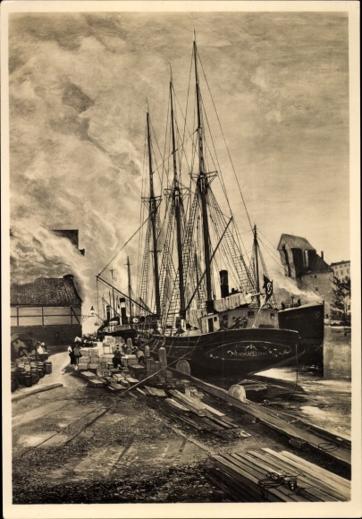 Artist PC Oeststreicher, Oscar, Gdańsk Danzig, harbor section, steamer, HDK 418