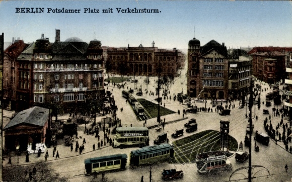 Postcard Berlin Tiergarten, Potsdamer Platz with traffic tower, tram