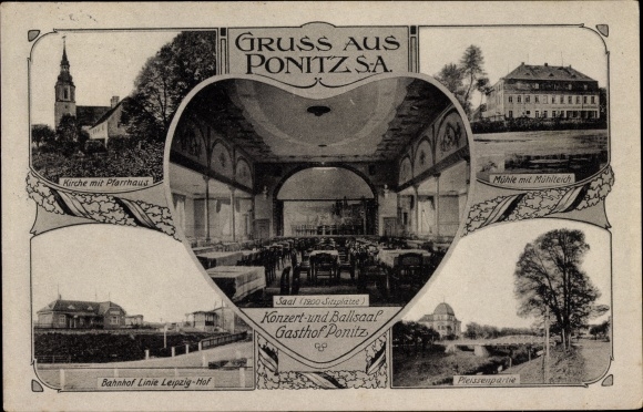 Postcard Ponitz Altenburger Land Thuringia, church, vicarage, train station, mill, mill pond, inn ballroom