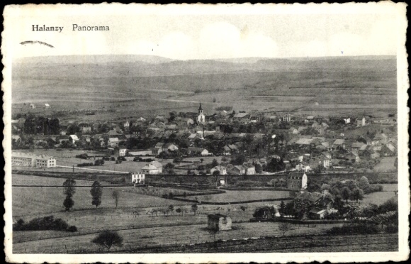 Postcard Halanzy Wallonia Luxembourg, panorama of landscape, church building