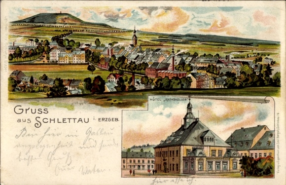 litho Schlettau in het Ertsgebergte, Panorama, Hotel Rathskeller