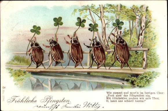 Chromo-Litho congratulations Pentecost, cockchafer, shamrocks, birches