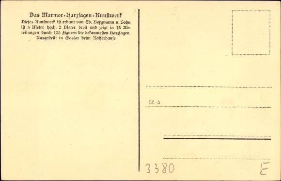 Postcard marble resin legends work of art, exhibited in the Kaiserhaus Goslar, builder Ed. Miner
