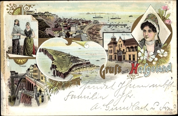 lito Helgoland w Szlezwiku Holsztynie, schody, słup, tradycyjne stroje, taniec