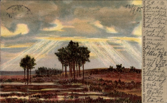 Postcard Worpswede in Lower Saxony, landscape with trees, sunbeams, water surfaces