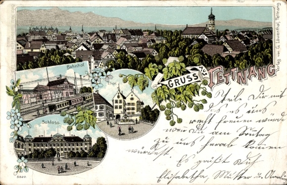 Litho Tettnang in Württemberg, Gesamtansicht, Bahnhof, Tor, Schloss