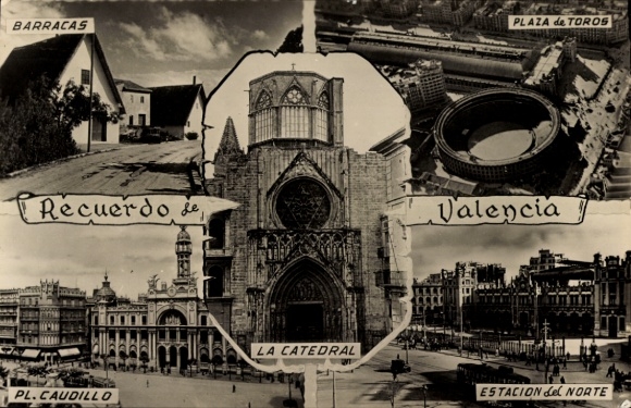 Postcard Valencia City Spain, Barracas, bullring, cathedral, north station