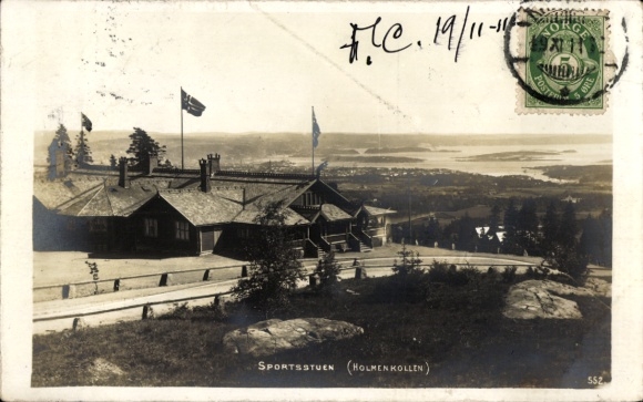 KP Oslo Norwegia, Holmenkollen, Sportstuen, krajobraz, widok