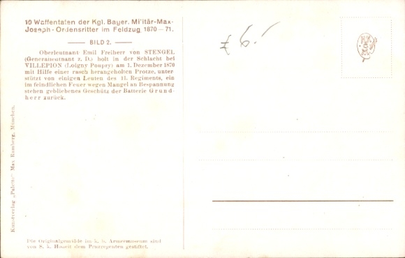 Artist Postcard KB Military Max Joseph Knight of the Order 1870, Emil von Stengel, Battle of Villepion