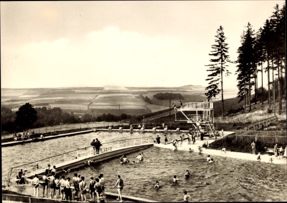 Postcard Raschau in the Ore Mountains, summer pool, swimming pool, diving tower, bathers