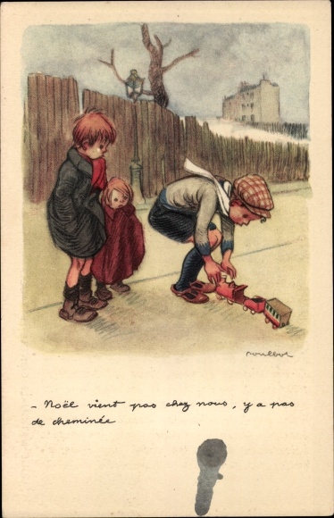 Artist PC Poulbot, Francisque, boys with toy train, Ligue Nationale contre le Taudis