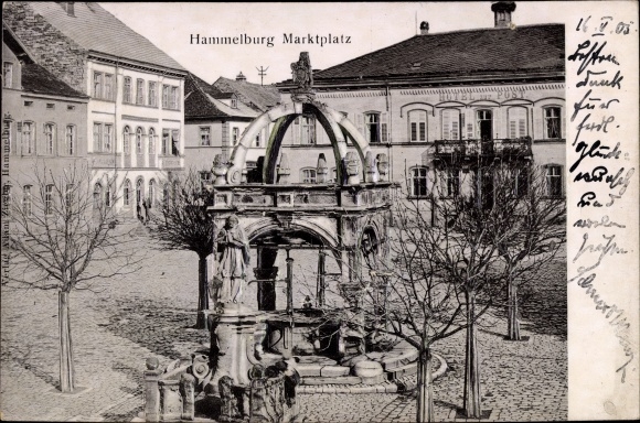 Postcard Hammelburg in Lower Franconia Bavaria, market square, fountain, Hotel zur Post