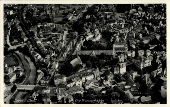 Postcard Siegen in Westphalia, aerial photograph of black and white, buildings, city view