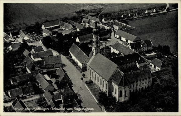 Postcard Obermedlingen Medlingen in Swabia Bavaria, aerial photograph, monastery