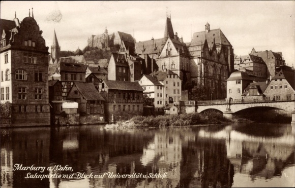 Postcard Marburg an der Lahn, Marburg a/Lahn, Lahn section, view of the university and castle, Gothic