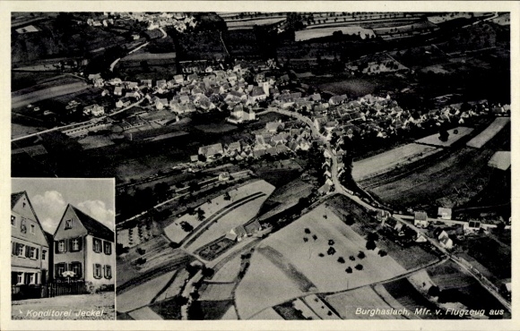 Postcard Burghaslach in Middle Franconia, aerial photograph, Jeckel Confectionery