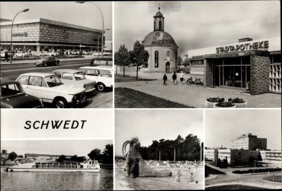 KP Schwedt nad Odrą, apteka miejska, brodzik, prom, centrum handlowe