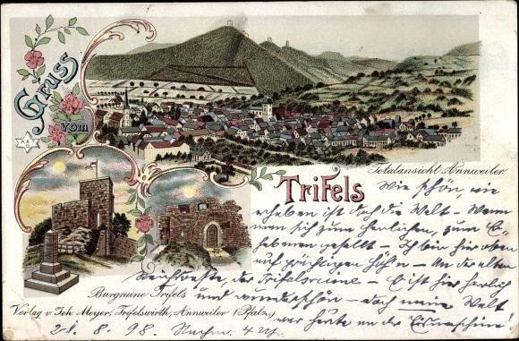 Chromo-Litho Annweiler am Trifels, panorama, Trifels castle ruins
