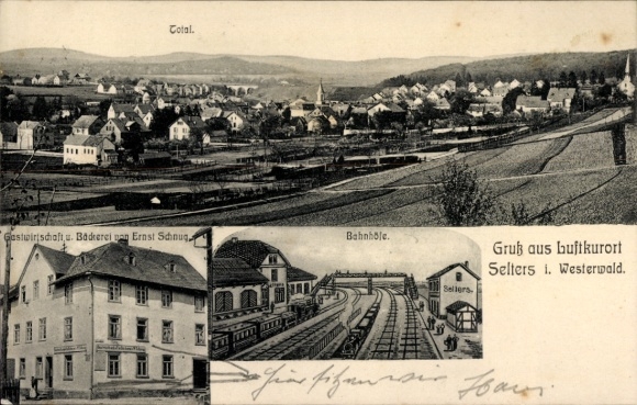 Ak Selters in het Westerwald, algemeen uitzicht, restaurant en bakkerij Ernst Schnug, treinstations