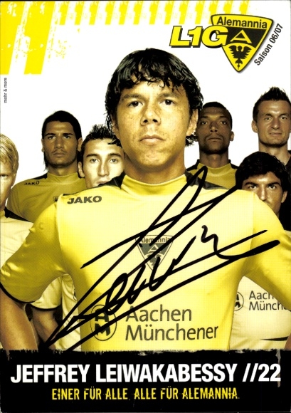 Handtekeningkaart voetballer Jeffrey Leiwakabessy, Alemannia Aachen, handtekening