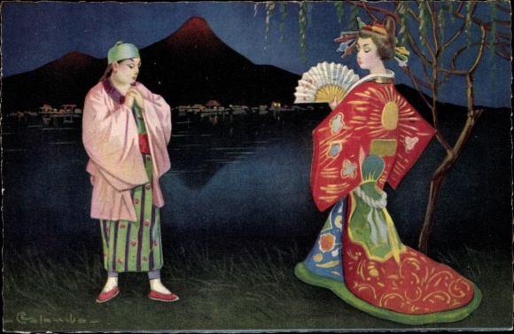 Artist PC Colombo, Geisha, Romantic Scene, Fan, Japanese Costume