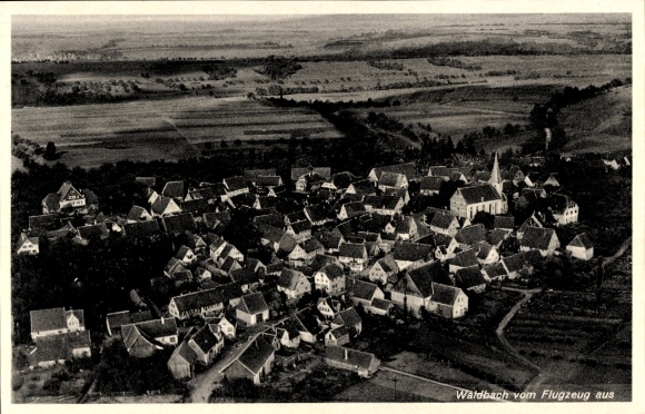Postcard Waldbach Bretzfeld in Württemberg, aerial photograph, church