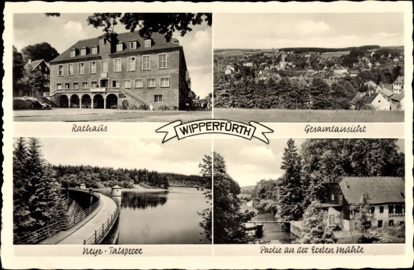 Ak Wipperfürth Oberbergischer Kreis, stadhuis, totaalbeeld, bij de eerste molen, Neye-dam