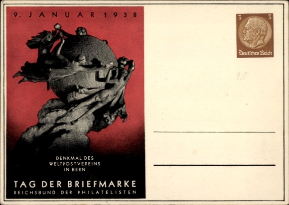 Ganzsachen Ak 9. Januar 1938, Tag der Briefmarke, Denkmal des Weltpostvereins