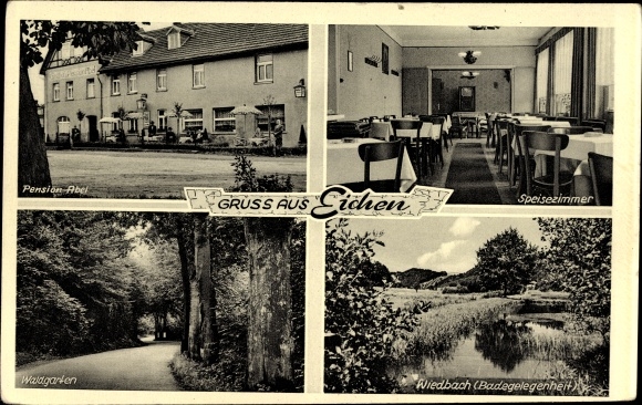 Ak Eichen Westerwald, Pension Abel, eigenaresse mevrouw Schmidt, eetkamer, bostuin, Wiedbach