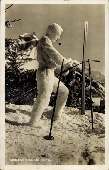 Postcard skier waxing skis, snow figure