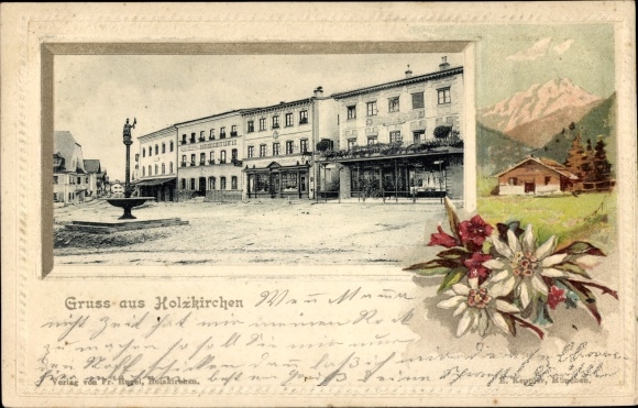 Embossed passepartout PC Holzkirchen in Oberbayern, market place, monument, edelweiß