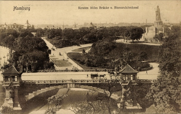 Postcard Hamburg Neustadt, Kersten-Miles Bridge, Bismarck Monument