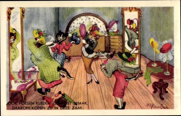 Artist Postcard Paulsen, Humanized cats in the hat shop