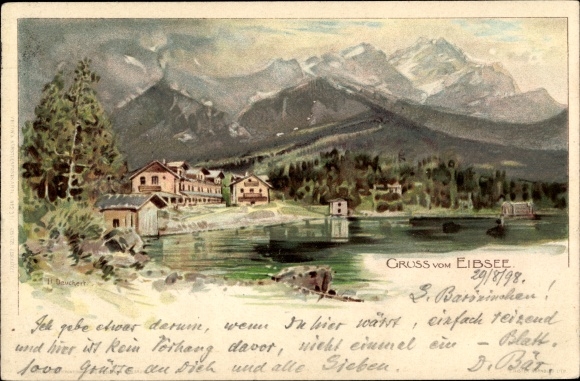 Artist Chromo-Litho Deuchert, H., Grainau in the Garmisch Partenkirchen district, Eibsee, mountains