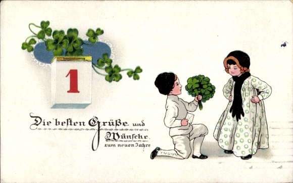 Postcard Happy New Year, children, calendar, lucky clover