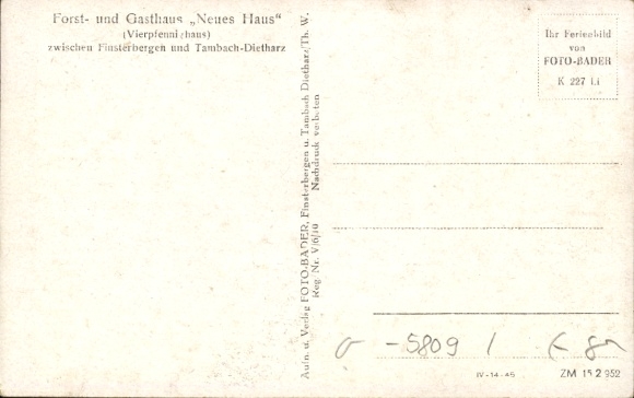 Postcard Finsterbergen Friedrichroda in the Thuringian Forest, Forestry and Guest House Neues Haus, Surroundings, Schwa