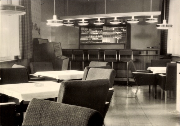 Postcard Elgersburg in Thuringia, restaurant interior, tables, chairs, bar, cozy atmosphere